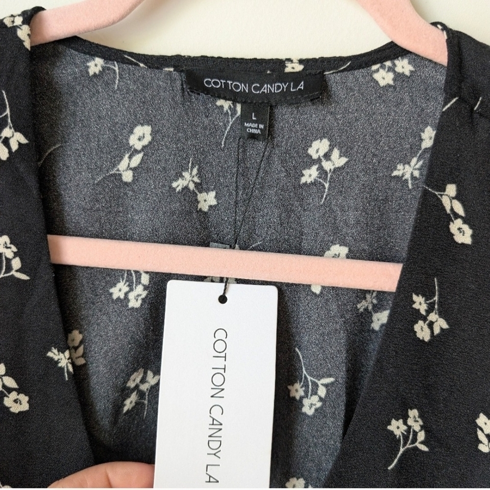 Cotton Candy La Tie Front Floral Print Mini Dress- Black Sz Lg - Picture 8 of 9